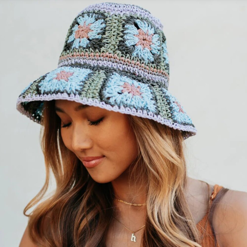 Fergie Granny Square Hand Crochet Toyo Straw Bucket Hat